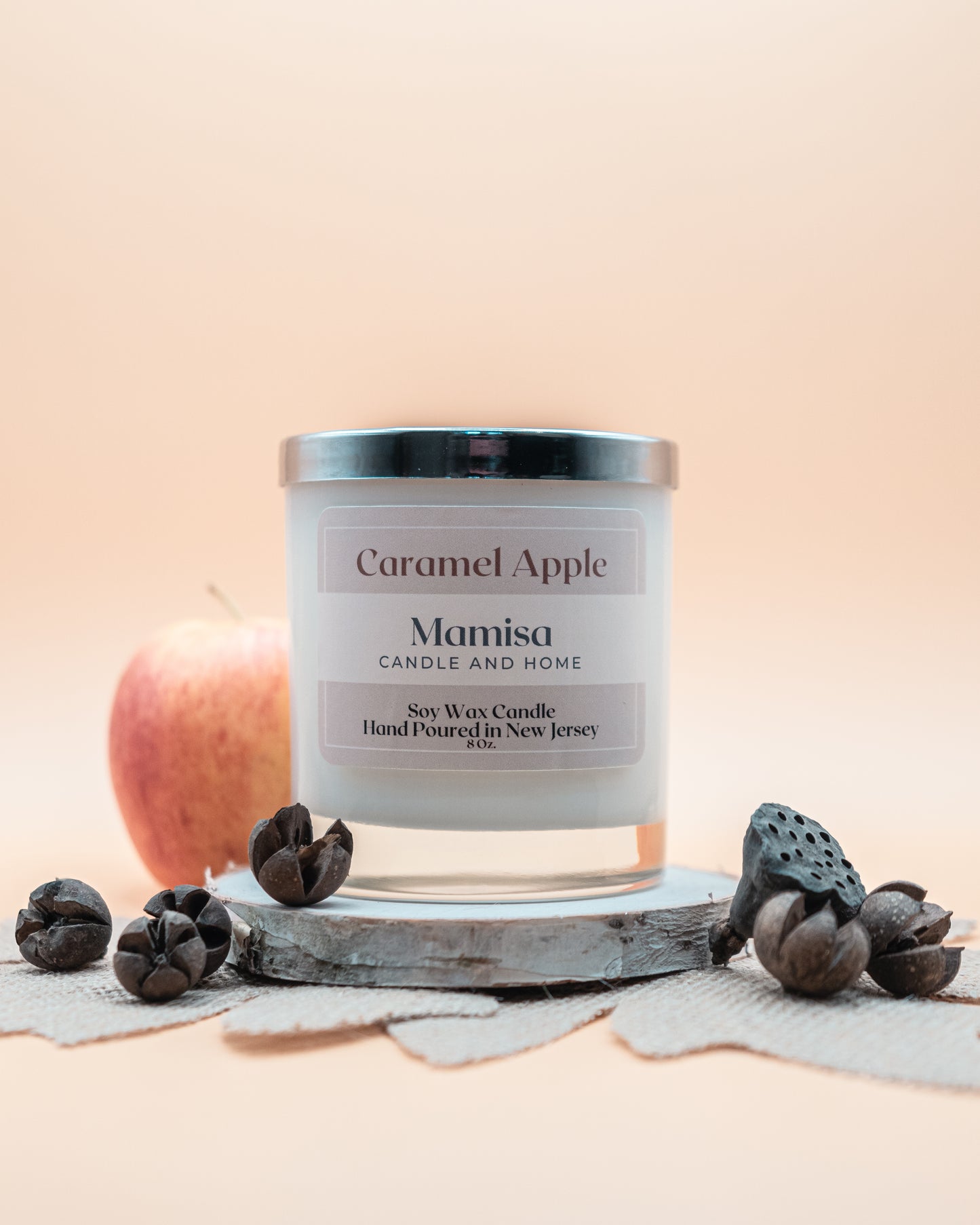 Caramel Apple Scented 8oz 100% Soy Wax Crackling Wood Wick Aromatherapy Candle