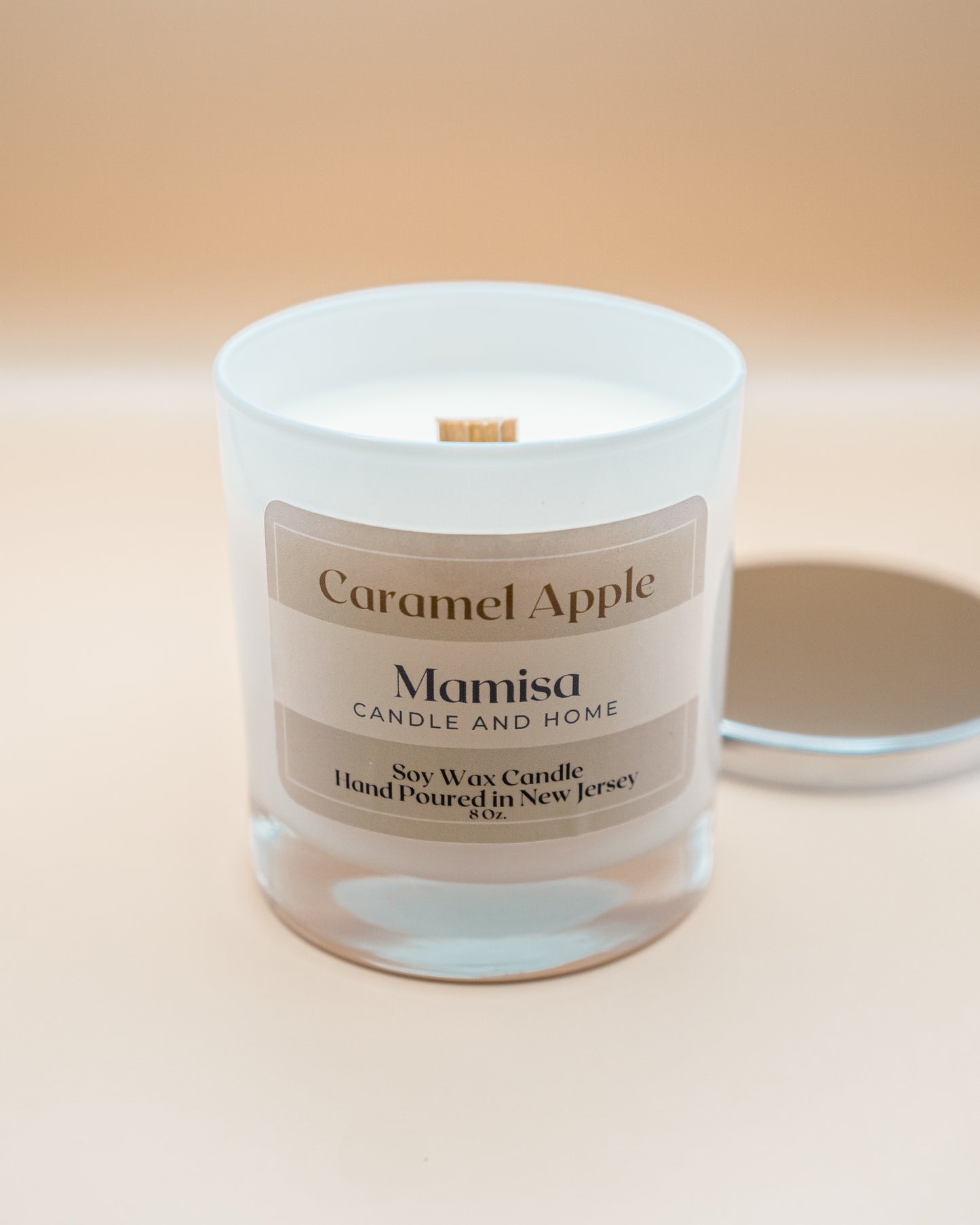 Caramel Apple Scented 8oz 100% Soy Wax Crackling Wood Wick Aromatherapy Candle